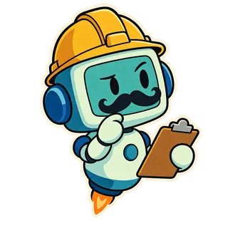Onch-bot en chef de chantier, casque jaune et moustache, relit son bloc-notes d’un air sérieux